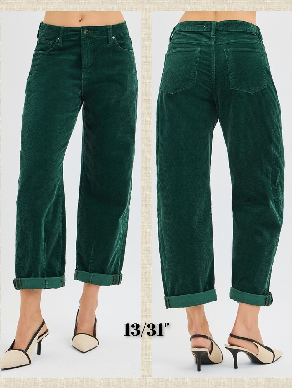 98.2% Cotton High-Rise Crop Barrel Corduroy Pants, Hunter Green